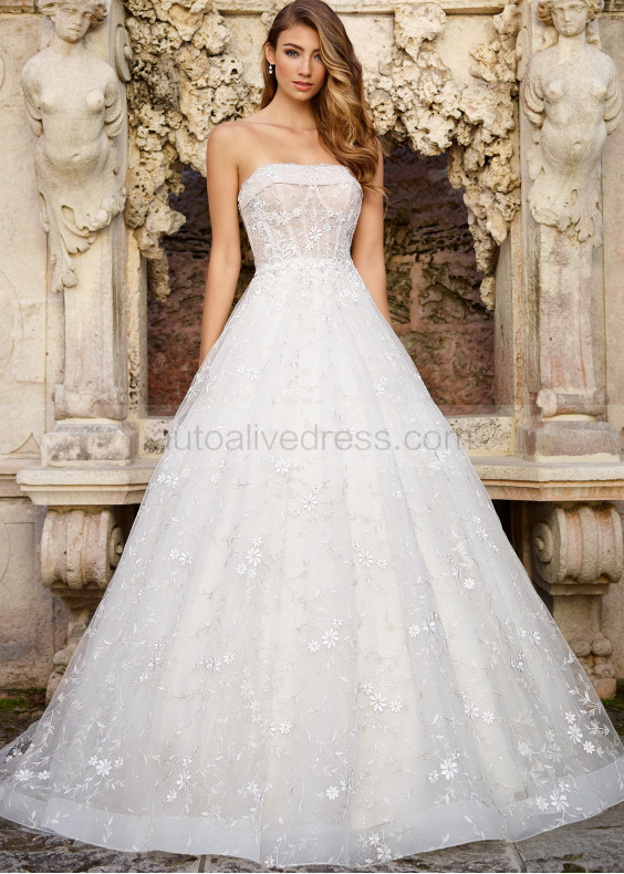 Strapless Beaded Ivory Lace Tulle Wedding Dress